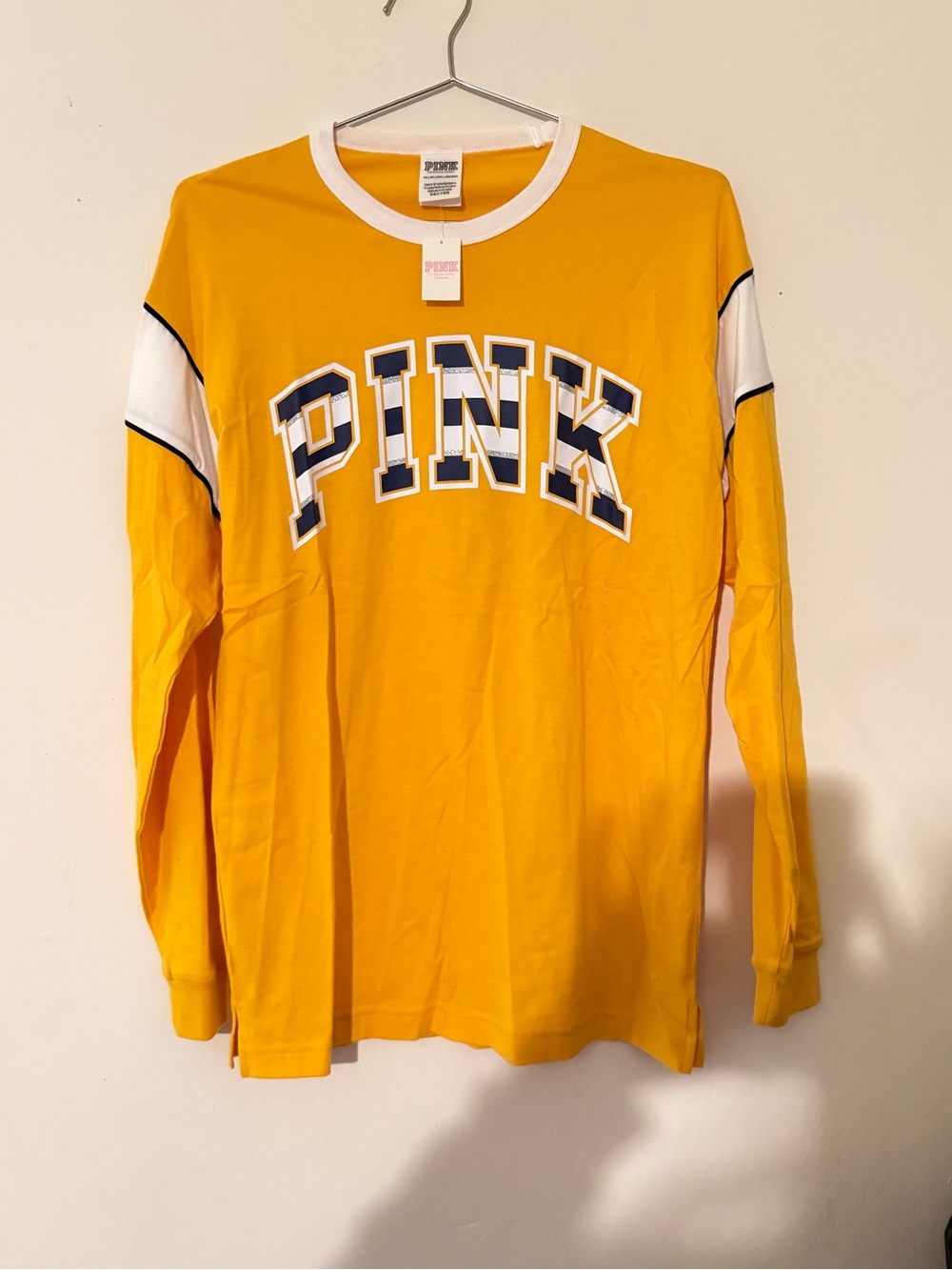 PINK Victoria's Secret Yellow Graphic Ringer Tee with White Trim